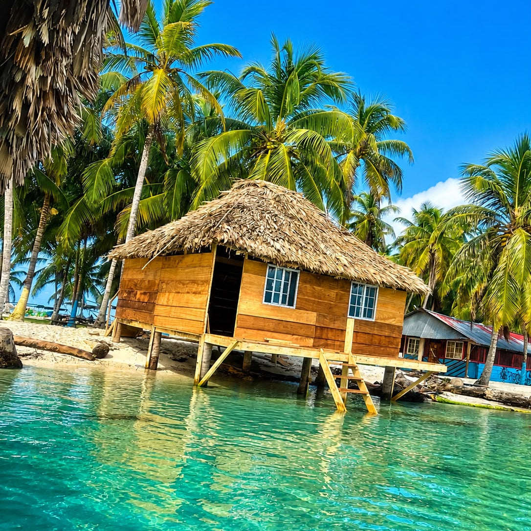 A tropical beach scene with a wooden stilt hut topped with a thatched roof, surrounded by palm trees and clear turquoise water under a bright blue sky.