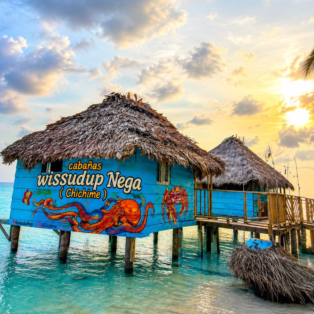 A tropical overwater beach hut with a thatched roof painted bright blue, featuring coral octopus artwork and the text 'cabaPas wissudup Nega (Chichime)'. A second hut and a small thatched lounge area sit on stilts in turquoise water under a dramatic sunset sky with clouds and the sun near the horizon.